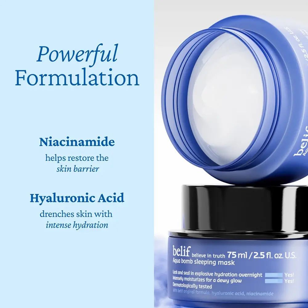 Zwei blaue Tiegel mit schwarzem Deckel. Aufschrift: belif, Aqua bomb sleeping mask, 75 ml/2.5 fl. oz. U.S. Text über Inhaltsstoffe.