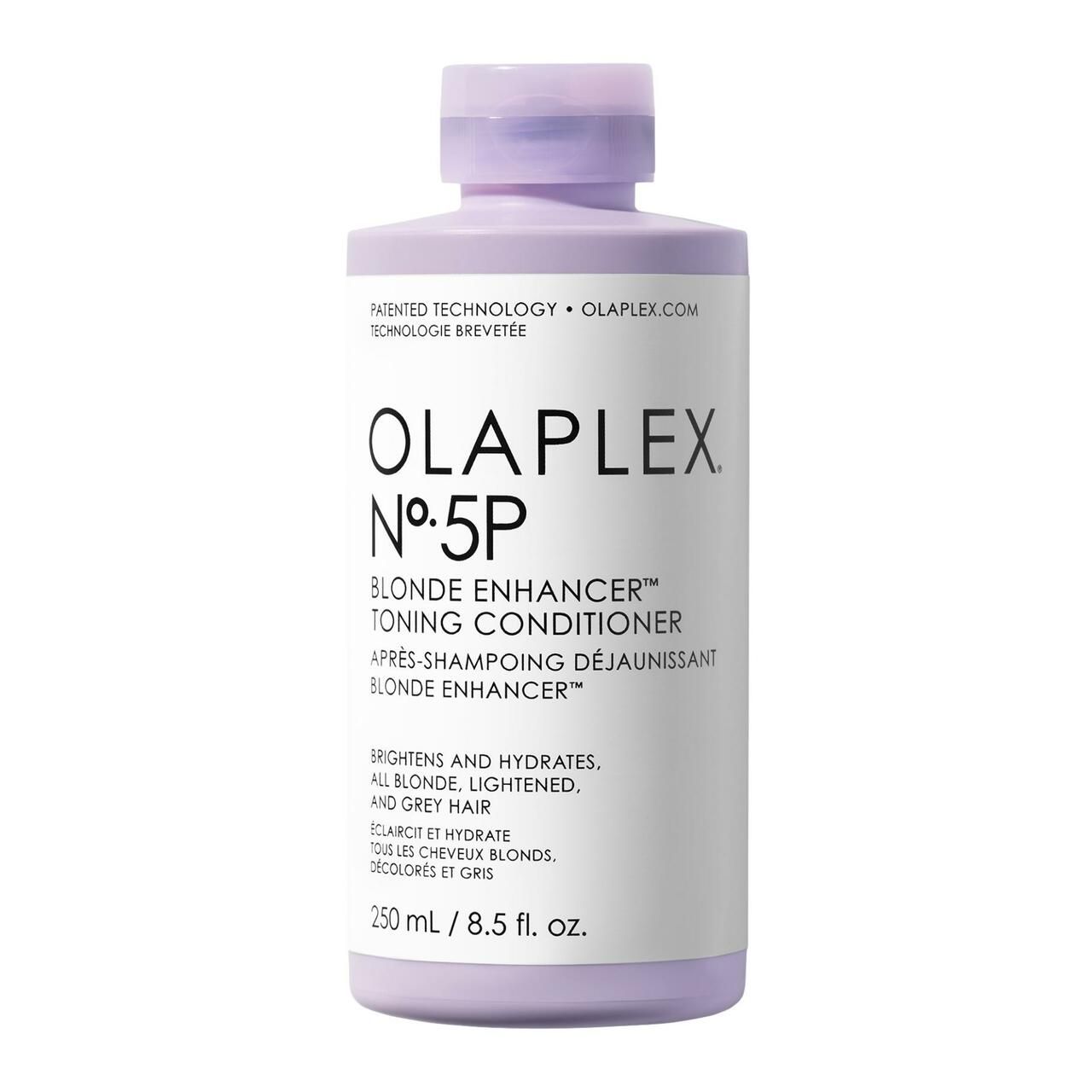 Flasche Olaplex No.5P Blonde Enhancer Toning Conditioner. Lila Flasche mit weißem Etikett. Text: Blonde Enhancer Toning Conditioner.