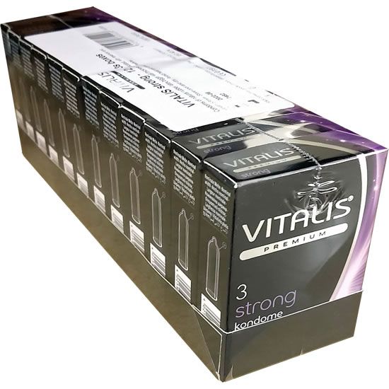 Schwarze Verpackung mit "Vitalis Premium Strong" Aufdruck. Enthält 3 Kondome. Karton mit mehreren Einzelverpackungen.