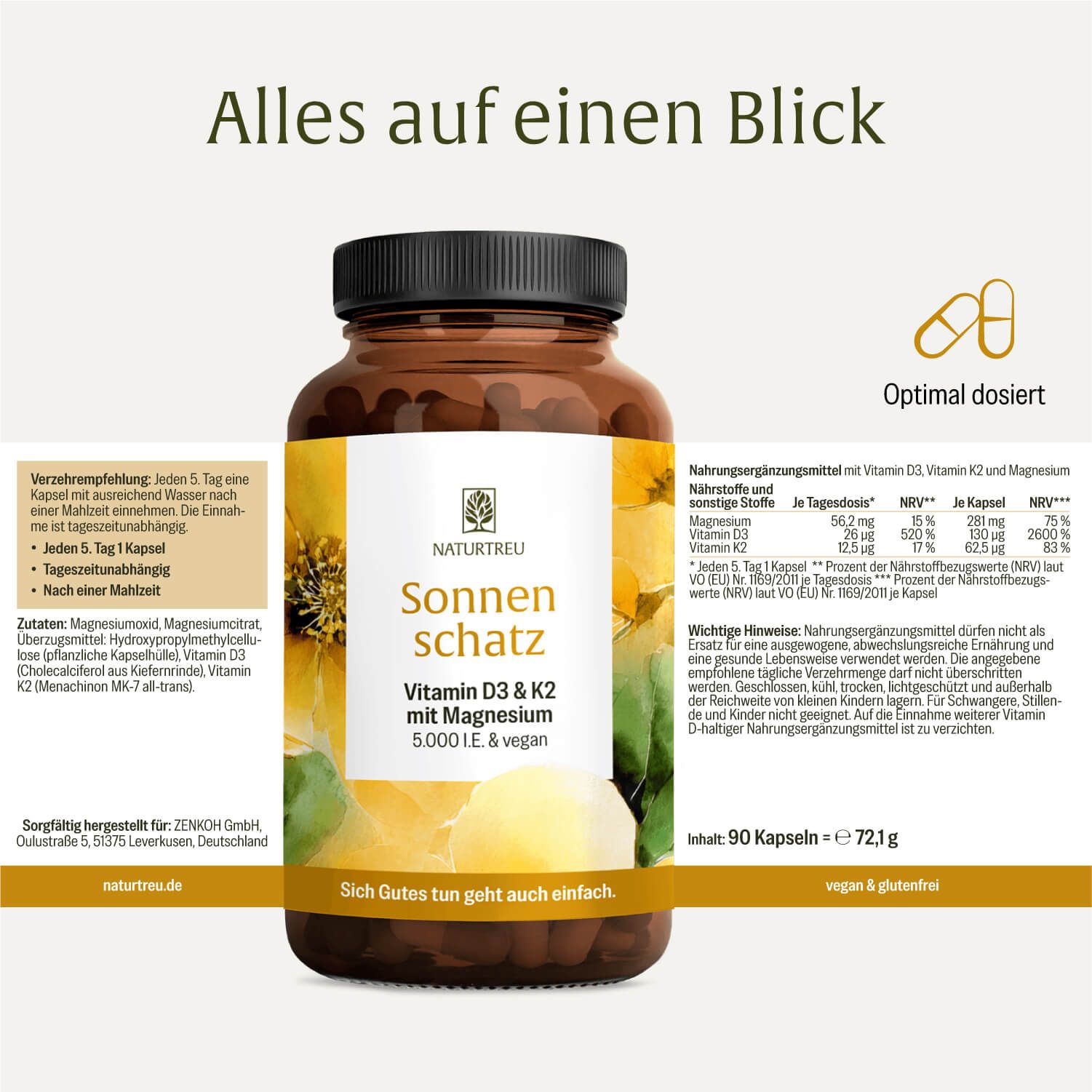 Braune Flasche mit Produktinformationen. Aufschrift: Sonnenschatz Vitamin D3 & K2 mit Magnesium. 5.000 I.E. & vegan. Tabellen mit Nährwertangaben.