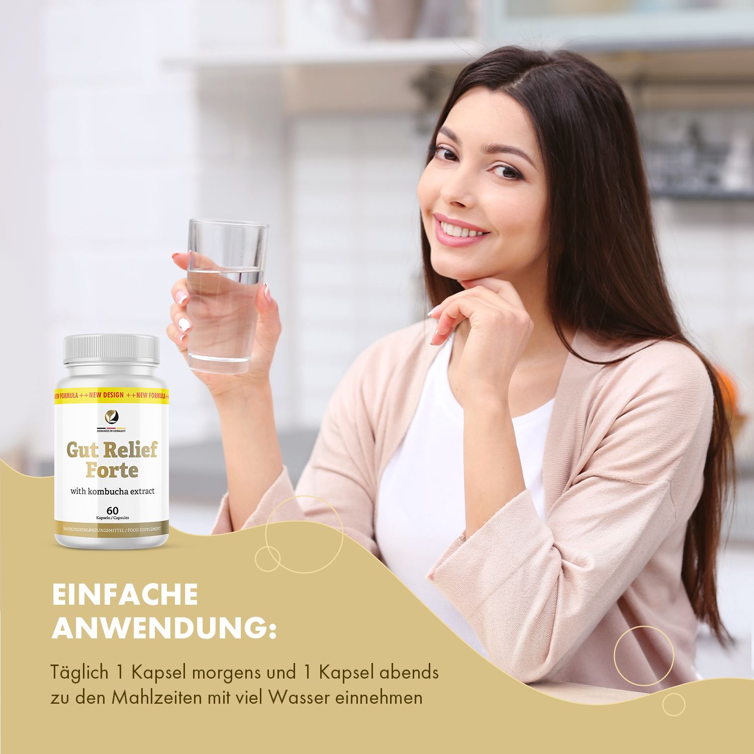 Frau hält Glas Wasser, daneben Flasche "Gut Relief Forte" Kapseln. Text: Einfache Anwendung: Täglich 1 Kapsel morgens und abends mit viel Wasser.