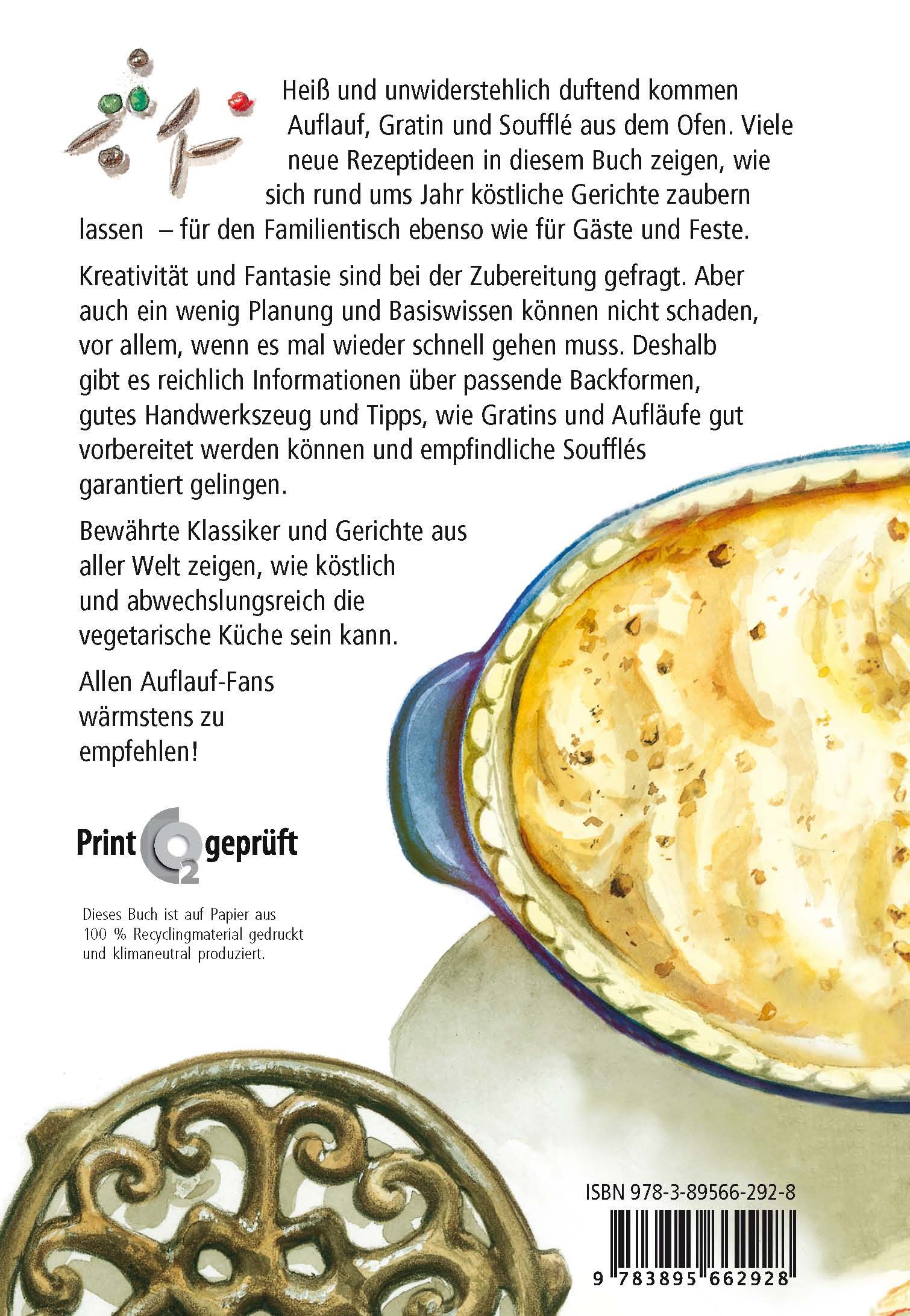 Rückseite des Buches "Aufläufe und Gratins". Text und Abbildung eines Auflaufs. ISBN und Verlagslogo.