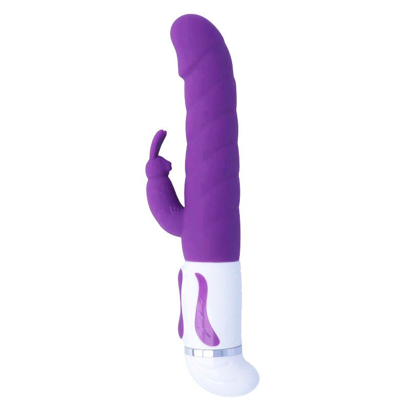 Lila Vibrator mit Hasenohren-Aufsatz. Weißer Sockel mit lila Akzenten. Glatte Oberfläche. Silikon.