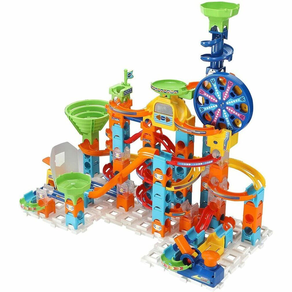 Mehrfarbiger Kugelbahn-Bausatz mit Spiralen, Trichter und Rad. STEAM-Zertifizierung.