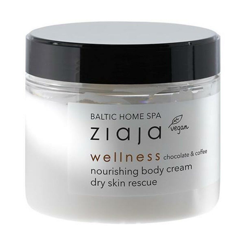 Ziaja Baltic Home Spa Wellness Creme. Glasbehälter mit schwarzem Deckel. Aufschrift: wellness chocolate & coffee, vegan.