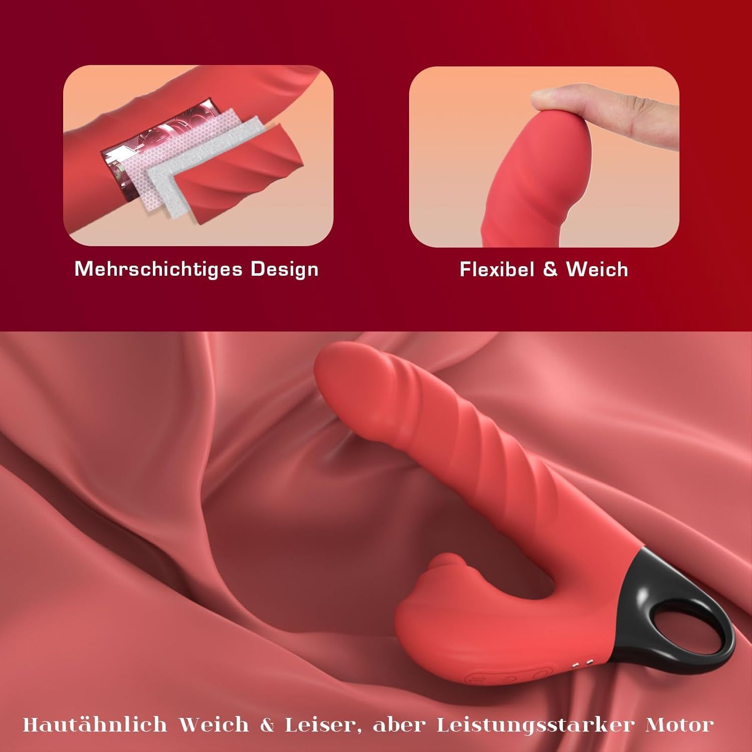 Roter Dildo-Vibrator. Mehrschichtiges Design, flexibel und weich. Text: Hautähnlich weich & leiser, aber leistungsstarker Motor.
