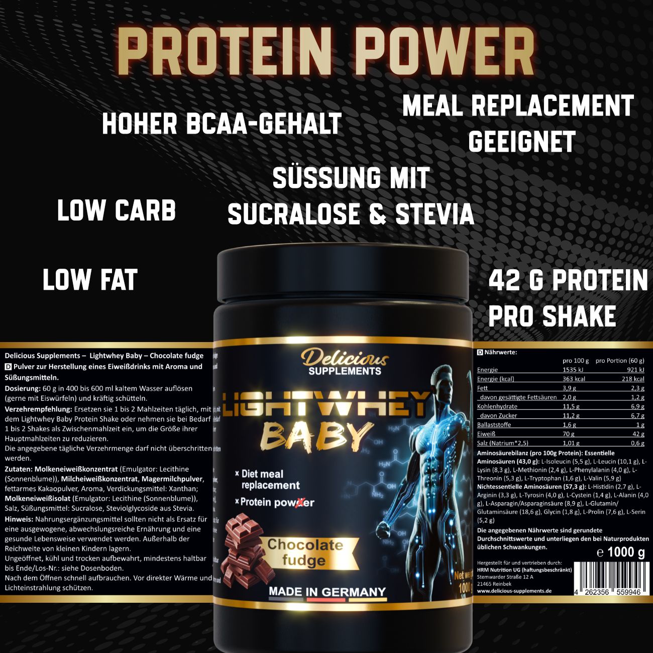 Dose LIGHTWHEY BABY, Schokoladen-Geschmack. Text: Hoher BCAA-Gehalt, Low Carb, Low Fat, Süßung mit Sucralose & Stevia, 42 g Protein pro Shake. Made in Germany.