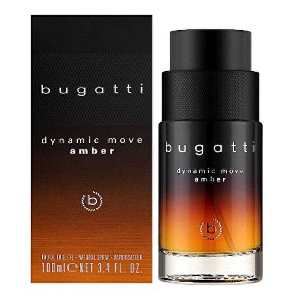 Bugatti Dynamic Move Amber Eau de Toilette. Flakon und Verpackung. Schwarzer Deckel, Farbverlauf von Bernstein zu transparent. Logo und Schriftzug.