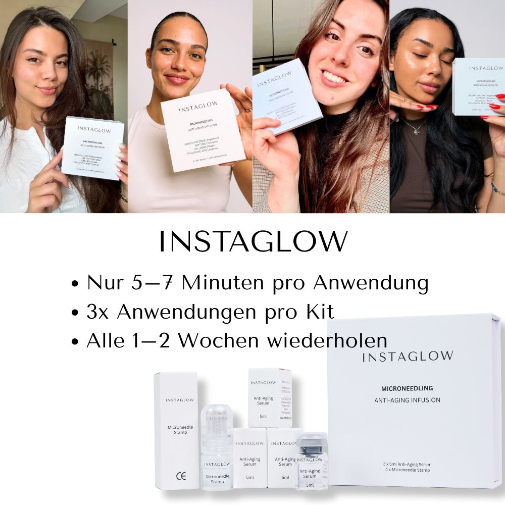 Vorher-Nachher-Bild. Instaglow Microneedle Stamp. Reduziert Falten, verbessert Hauttextur und Elastizität.