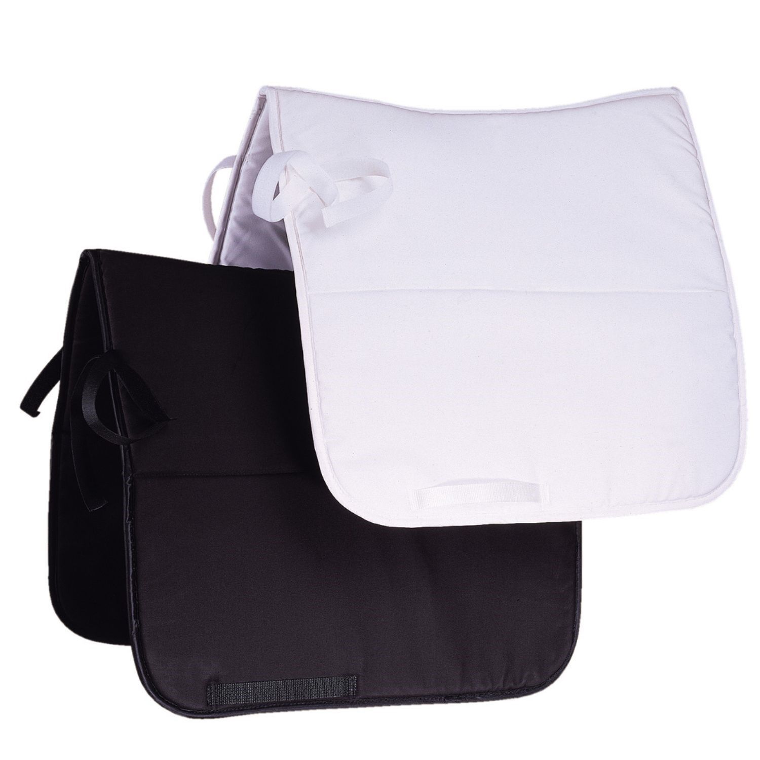 Zwei Schabracken, eine schwarz, eine weiß. Quadratische Form, Schlaufen und Klettverschluss.