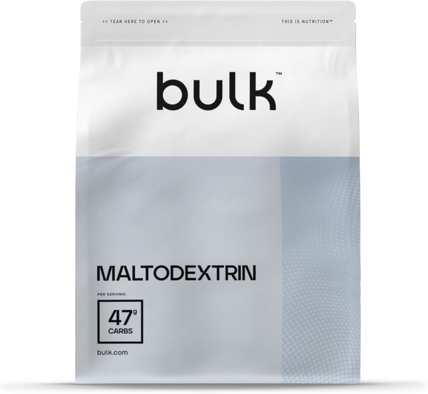 Beutel mit "bulk"-Logo und "Maltodextrin"-Schriftzug. Enthält 47g Kohlenhydrate pro Portion. Website-Adresse: bulk.com.
