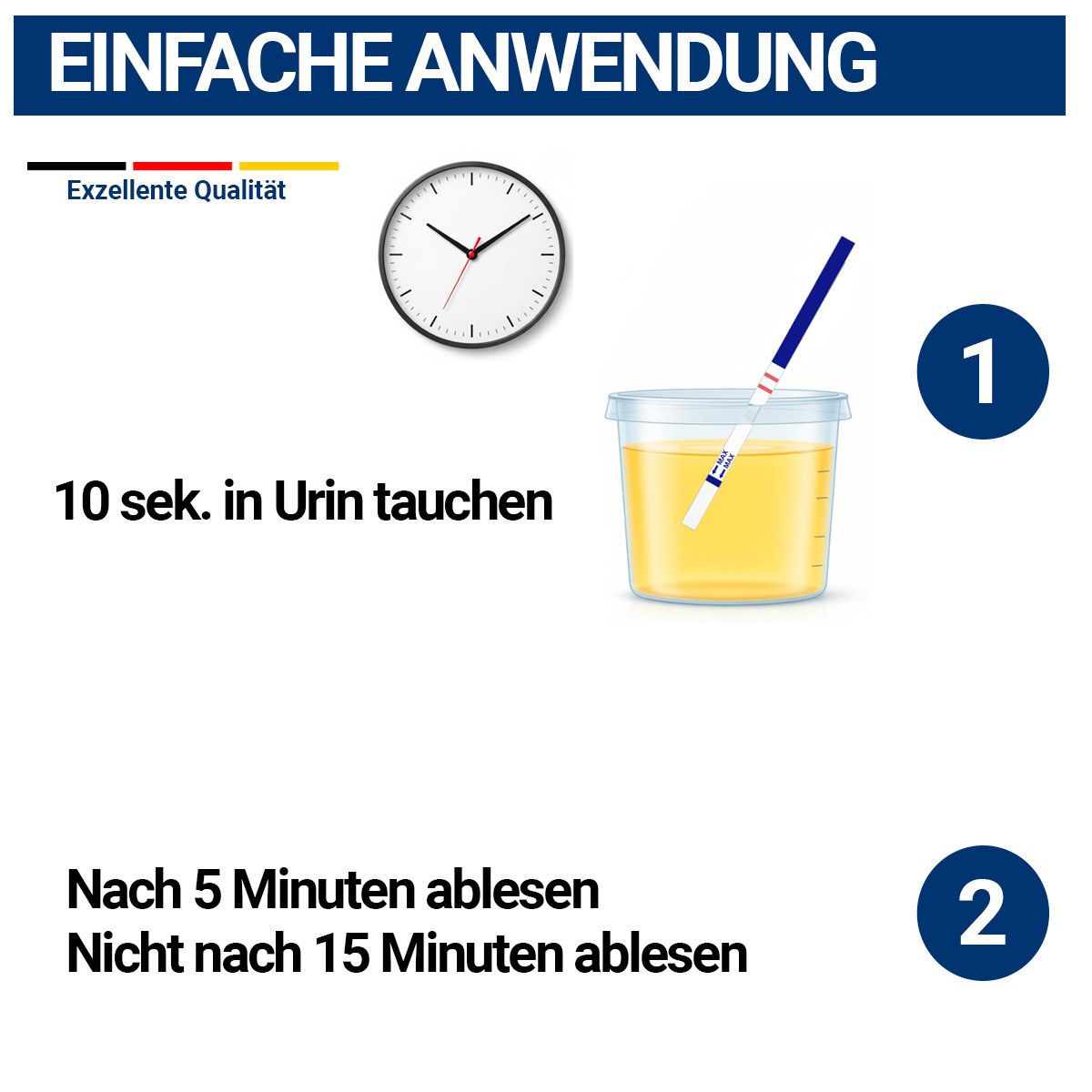 Anwendungshinweise für einen Teststreifen in Urin. "Exzellente Qualität" und eine Uhr sind sichtbar.