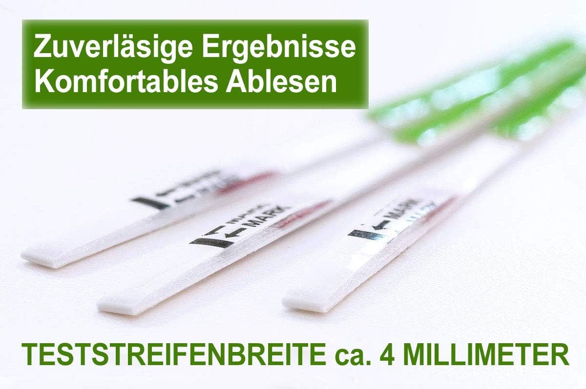 Drei Ovulationstest-Streifen. Text: Zuverlässige Ergebnisse. Komfortables Ablesen. Teststreifenbreite ca. 4 mm.