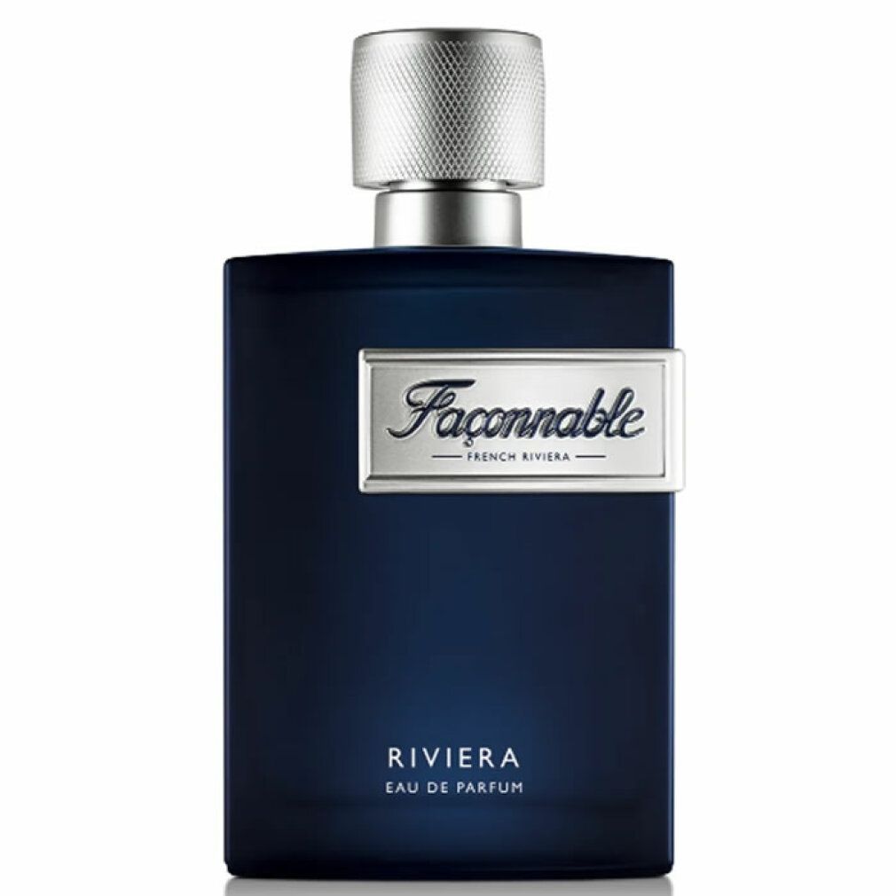 Dunkelblaue Flasche mit silbernem Verschluss. Aufschrift: Façonnable Riviera Eau de Parfum.