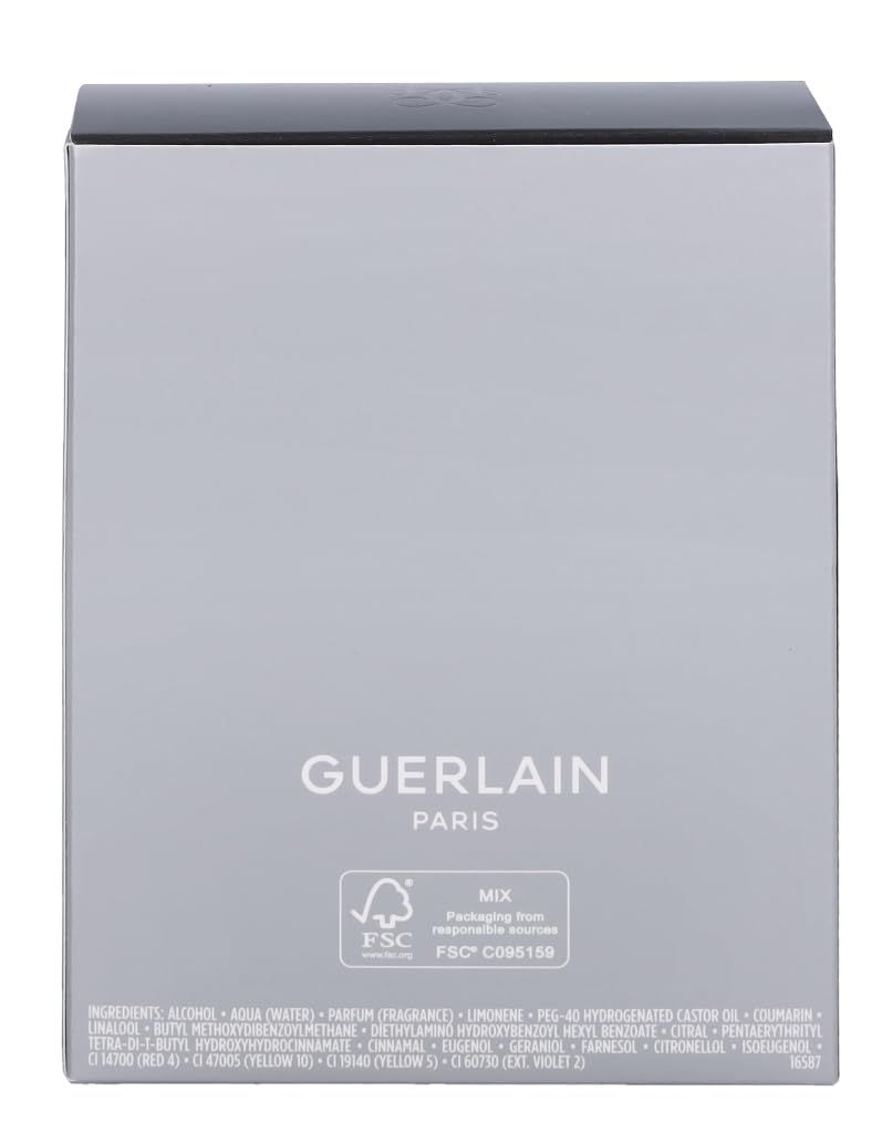 Graue Verpackung mit Guerlain-Logo. FSC-Zertifizierung. Text: Inhaltsstoffe. Unterseite der Verpackung.