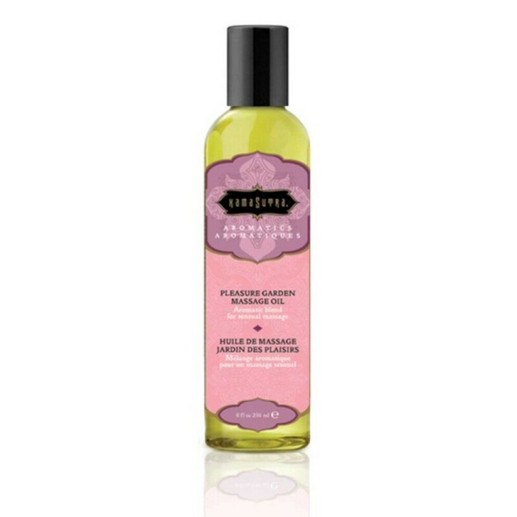 Kamasutra Aromatics Massageöl. Gelbe Flasche, schwarzer Deckel. Rosa Etikett mit Text: Pleasure Garden Massage Oil.