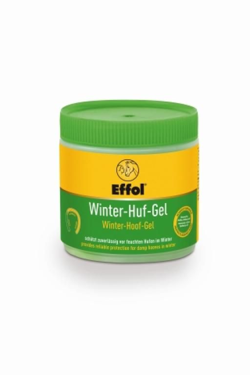 Grünes Tiegel mit gelbem Etikett. Aufschrift: Effol Winter-Huf-Gel. Produkt für Pferdehufe. Mit grünem Deckel.