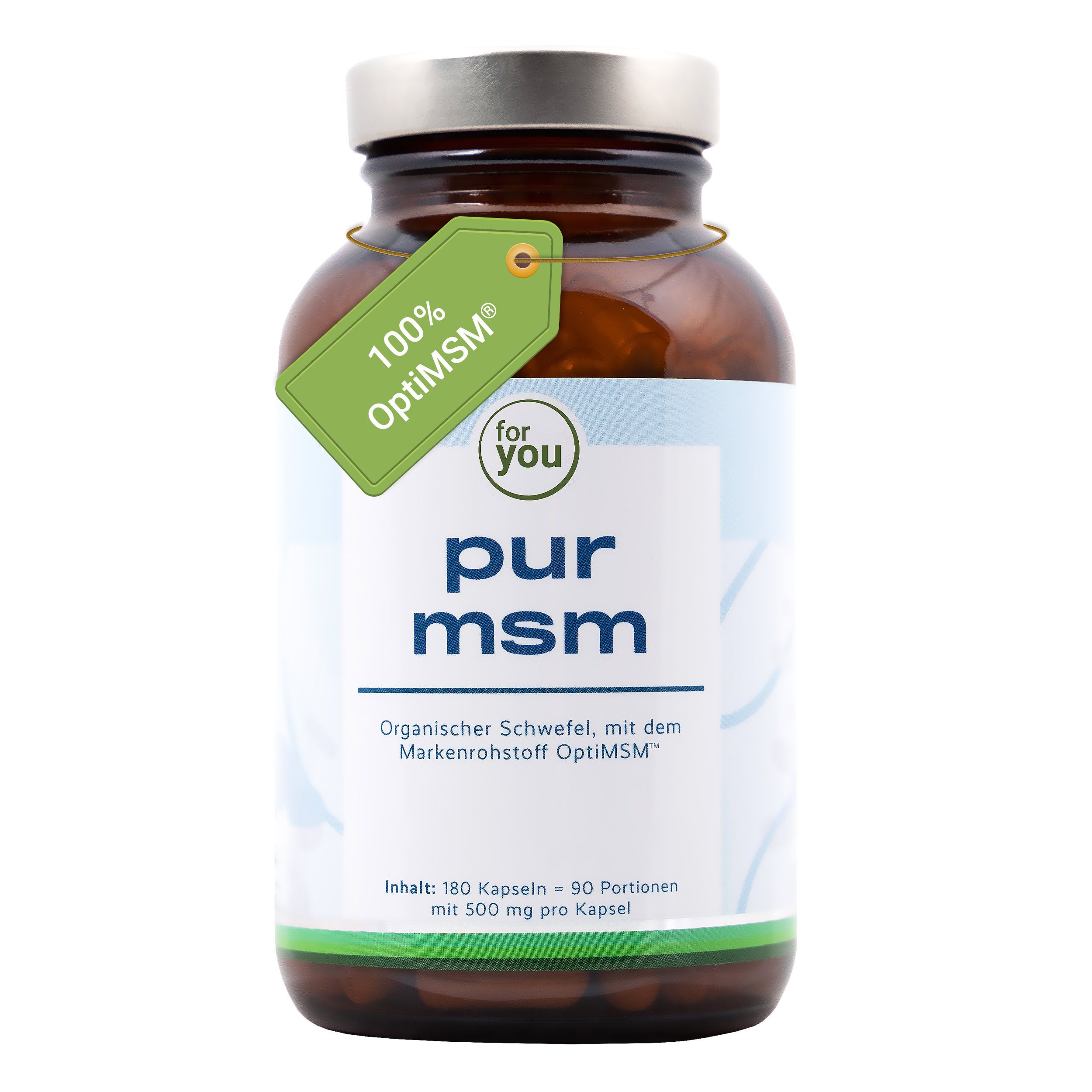 Braune Glasflasche mit Etikett "pur msm". Ein grüner Anhänger mit "100% OptiMSM®" ist angebracht.