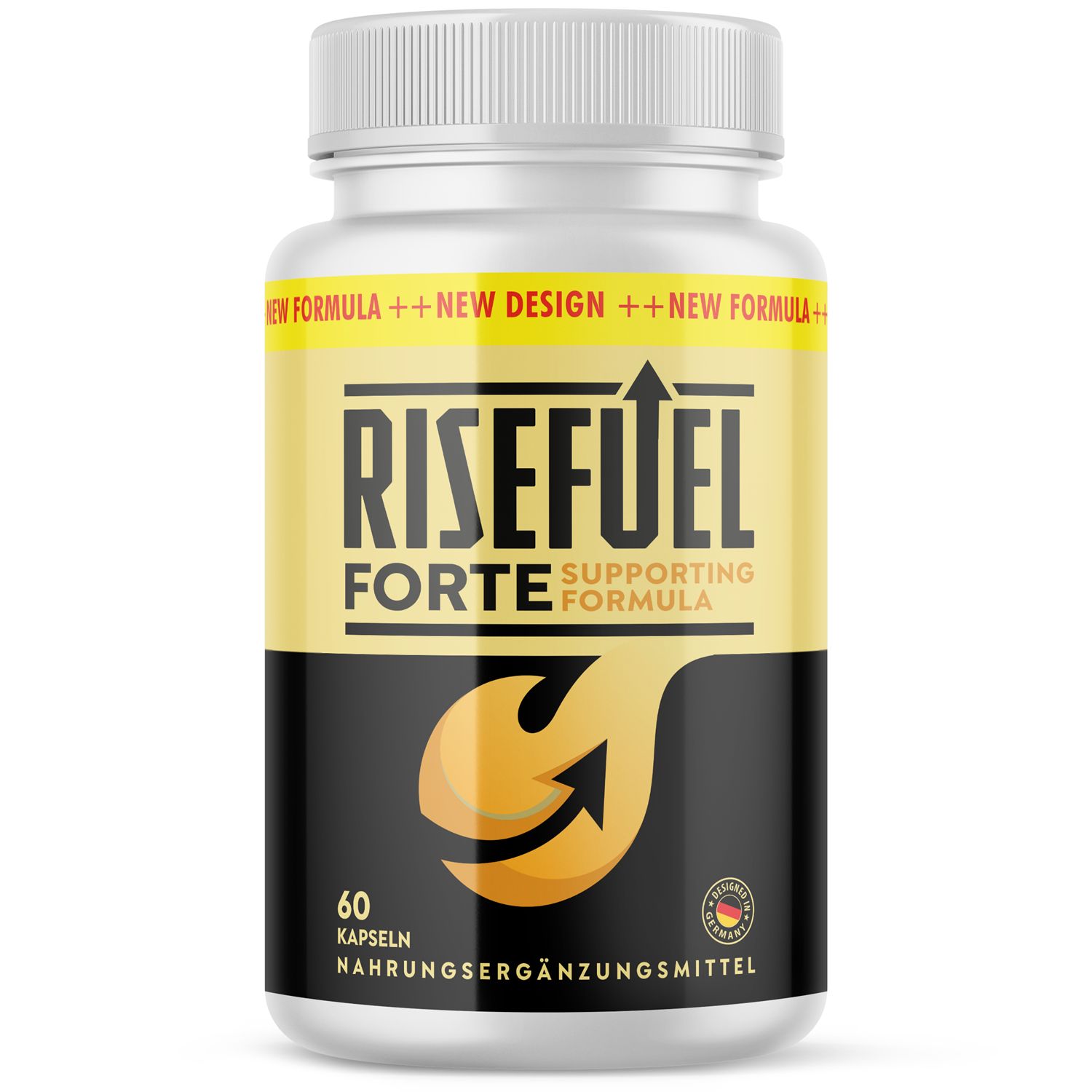Weißes Pillenbehälter mit gelb-schwarzem Etikett. Aufschrift: RISEFUEL FORTE, 60 Kapseln, Nahrungsergänzungsmittel. Deckel und Behälter aus Kunststoff.
