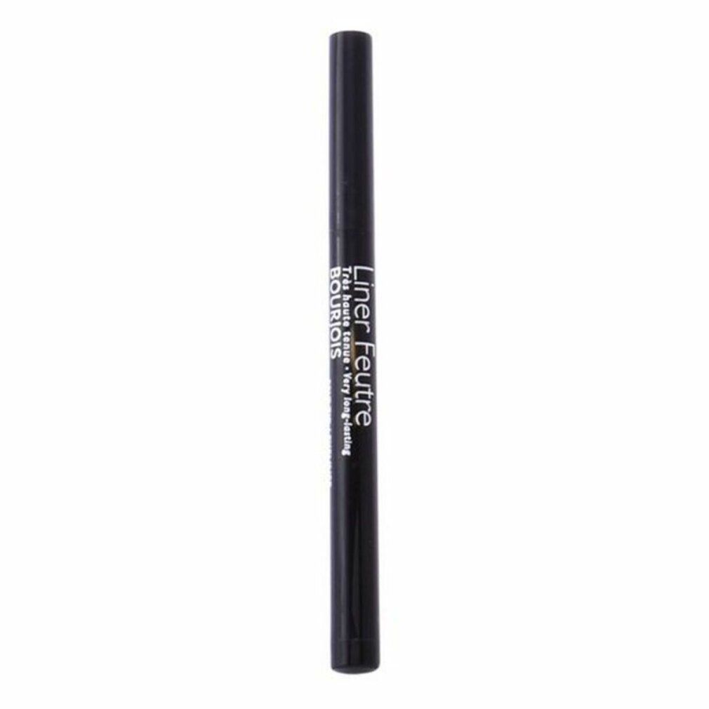 Schwarzer Bourjois Liner Feutre Eyeliner. Zylindrische Form, schwarze Kappe. Text: Liner Feutre, Très haute tenue, Very long-lasting.