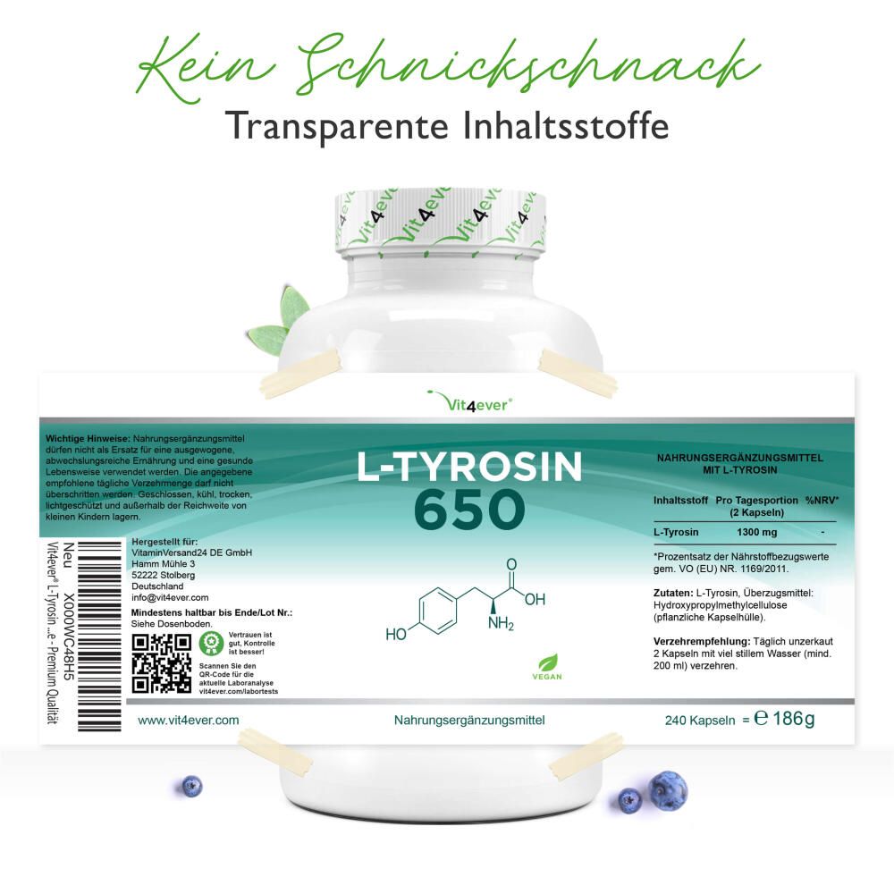 Flasche mit Etikett. Text: L-Tyrosin 650. Chemische Formel. 240 Kapseln. Inhaltsstoffe. Nahrungsergänzungsmittel. Transparente Inhaltsstoffe.