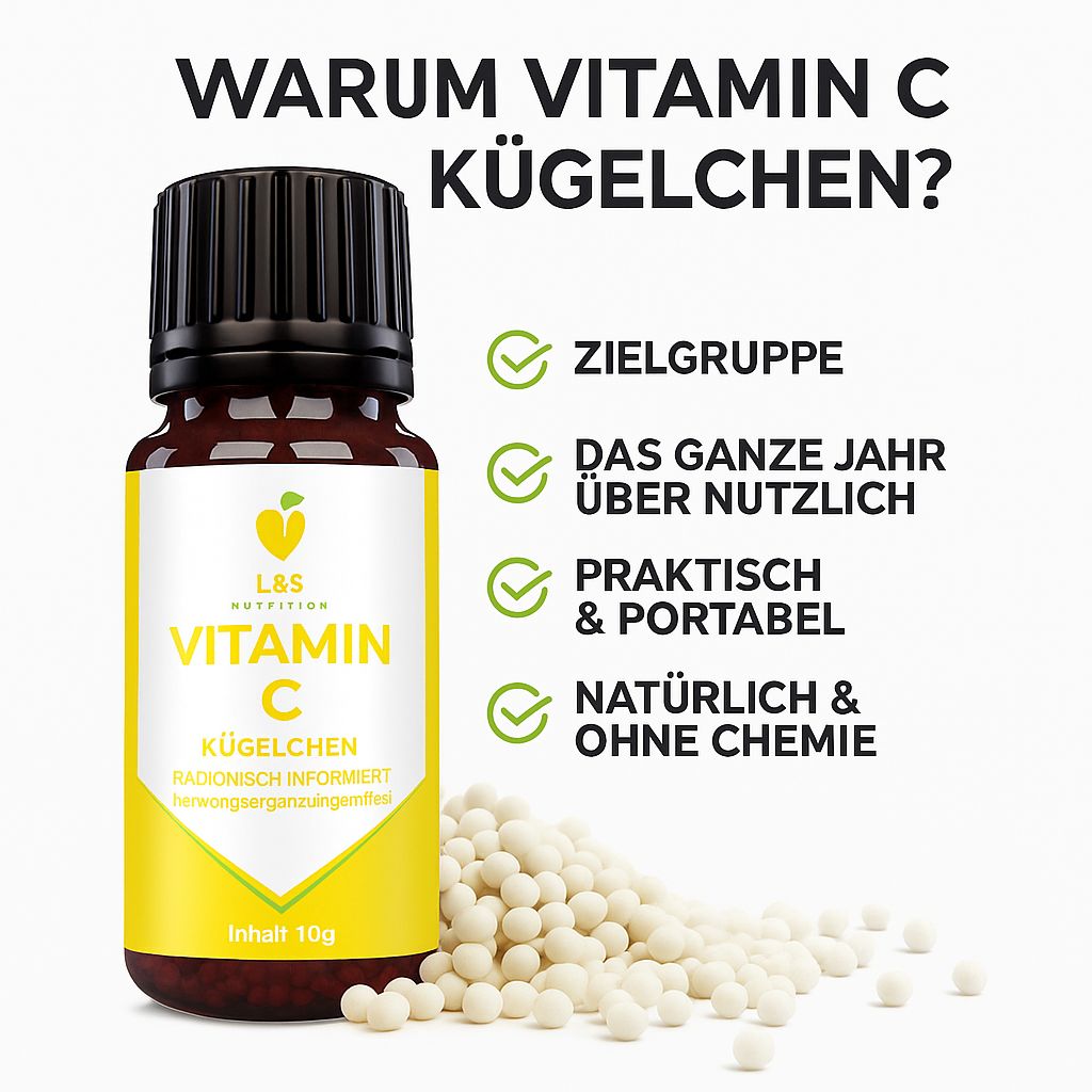 Braune Glasflasche mit schwarzem Deckel und gelbem Etikett. Aufschrift: Vitamin C Kügelchen. Weiße Kügelchen daneben.