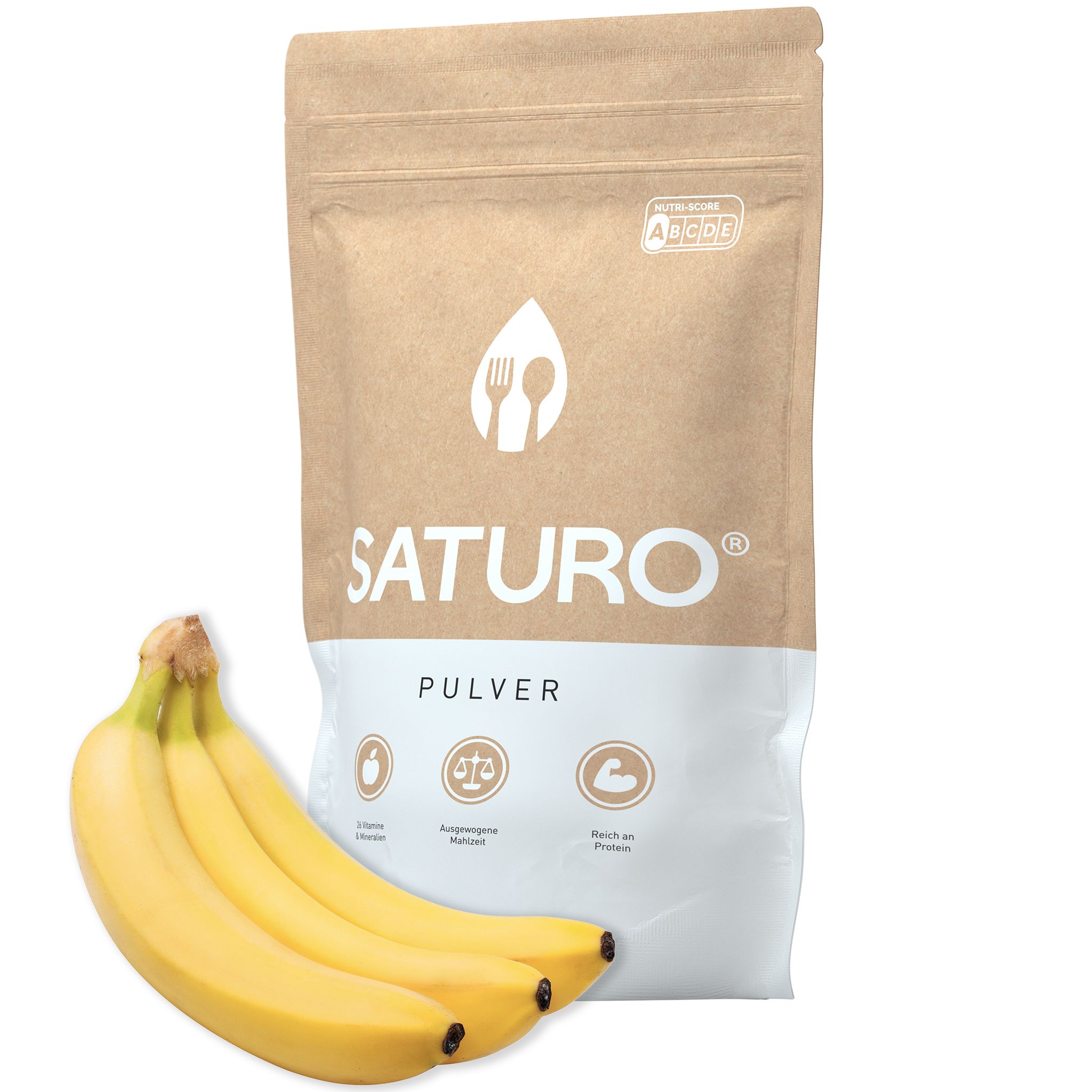 Beutel mit Saturo Pulver und Bananen. Aufschrift Saturo, Pulver. Symbole für Vitamine, ausgewogene Mahlzeit, reich an Protein.