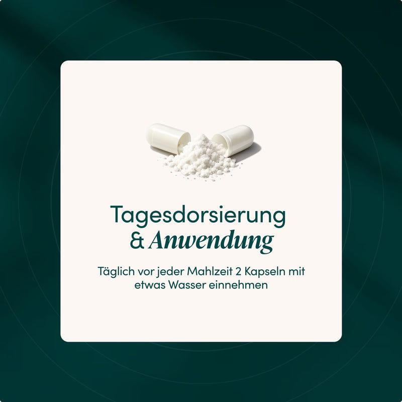Geöffnete Kapsel mit Pulver, tägliche Dosierung und Anwendungshinweise.