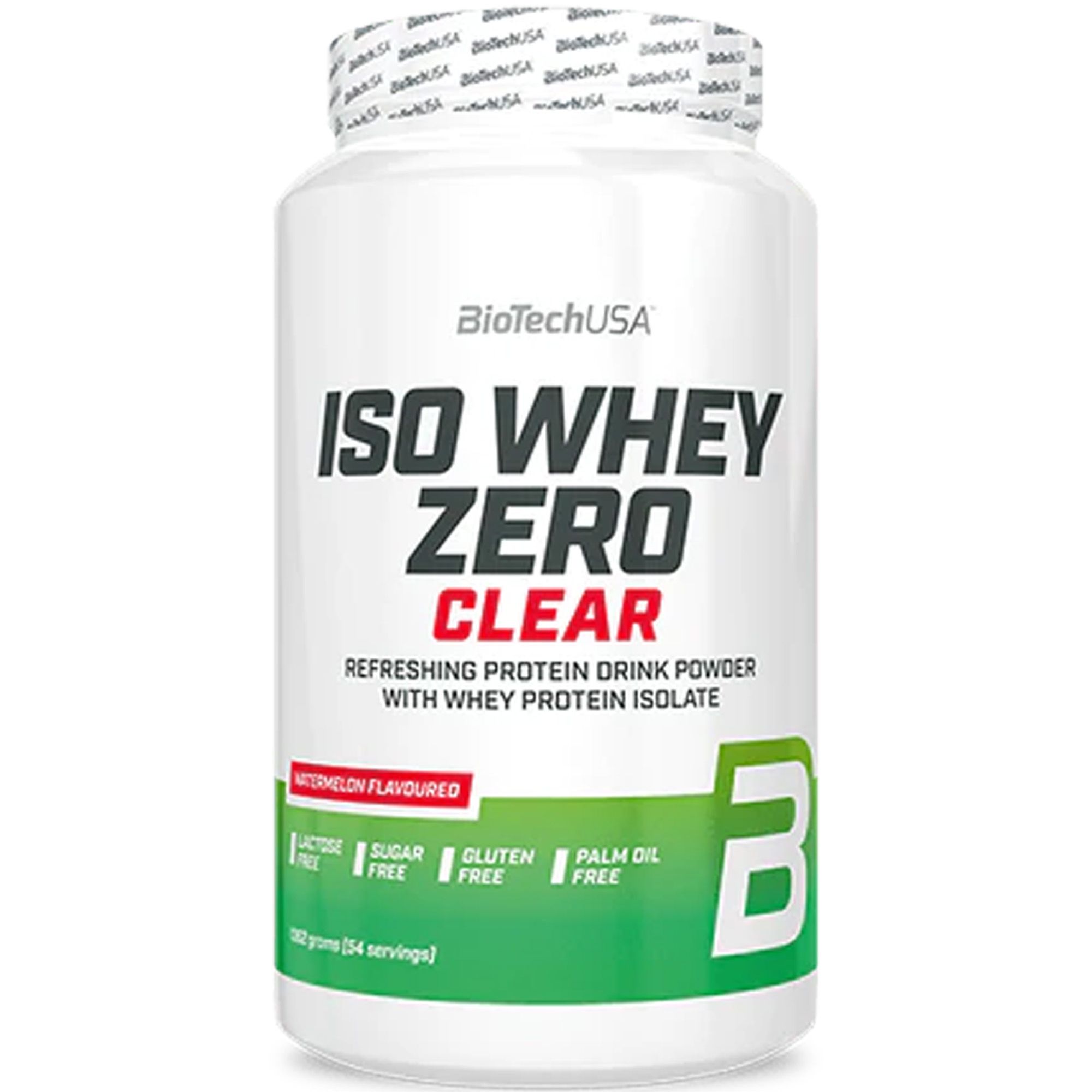 Weiße Dose mit Aufschrift "ISO WHEY ZERO CLEAR" von BioTechUSA. Enthält Proteinpulver. Aufschrift "Wassermelone".