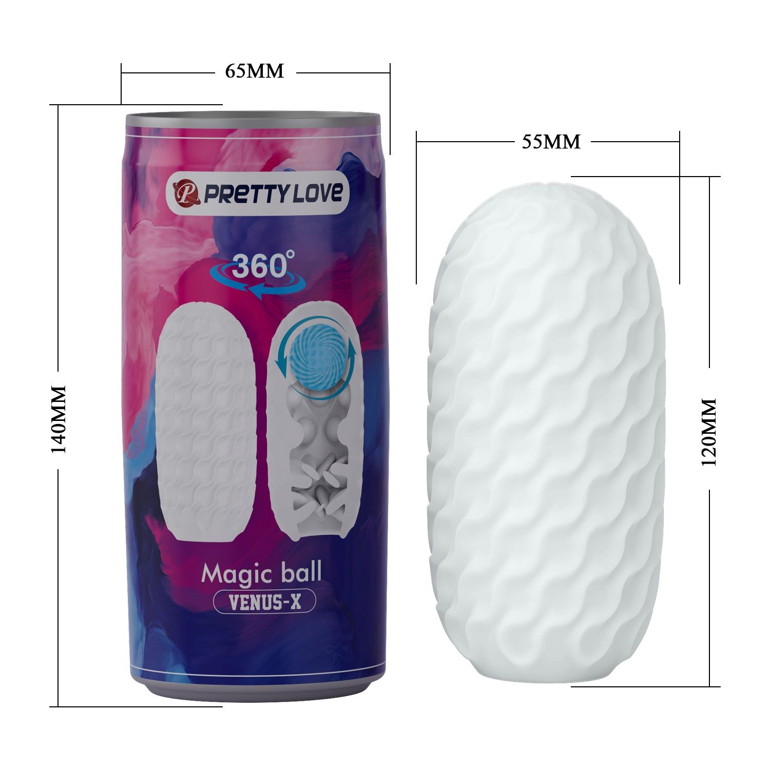 Weißes, längliches Produkt mit wellenförmiger Oberfläche und graue Dose. Aufgedruckte Maße: 120mm x 65mm x 55mm.