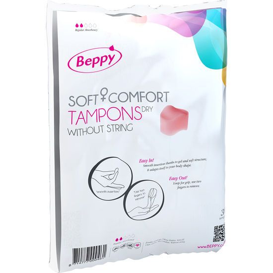 Verpackung mit Beppy DRY Soft+Comfort Tampons ohne Faden. Enthält 3 Stück. Rosa Tampon sichtbar.