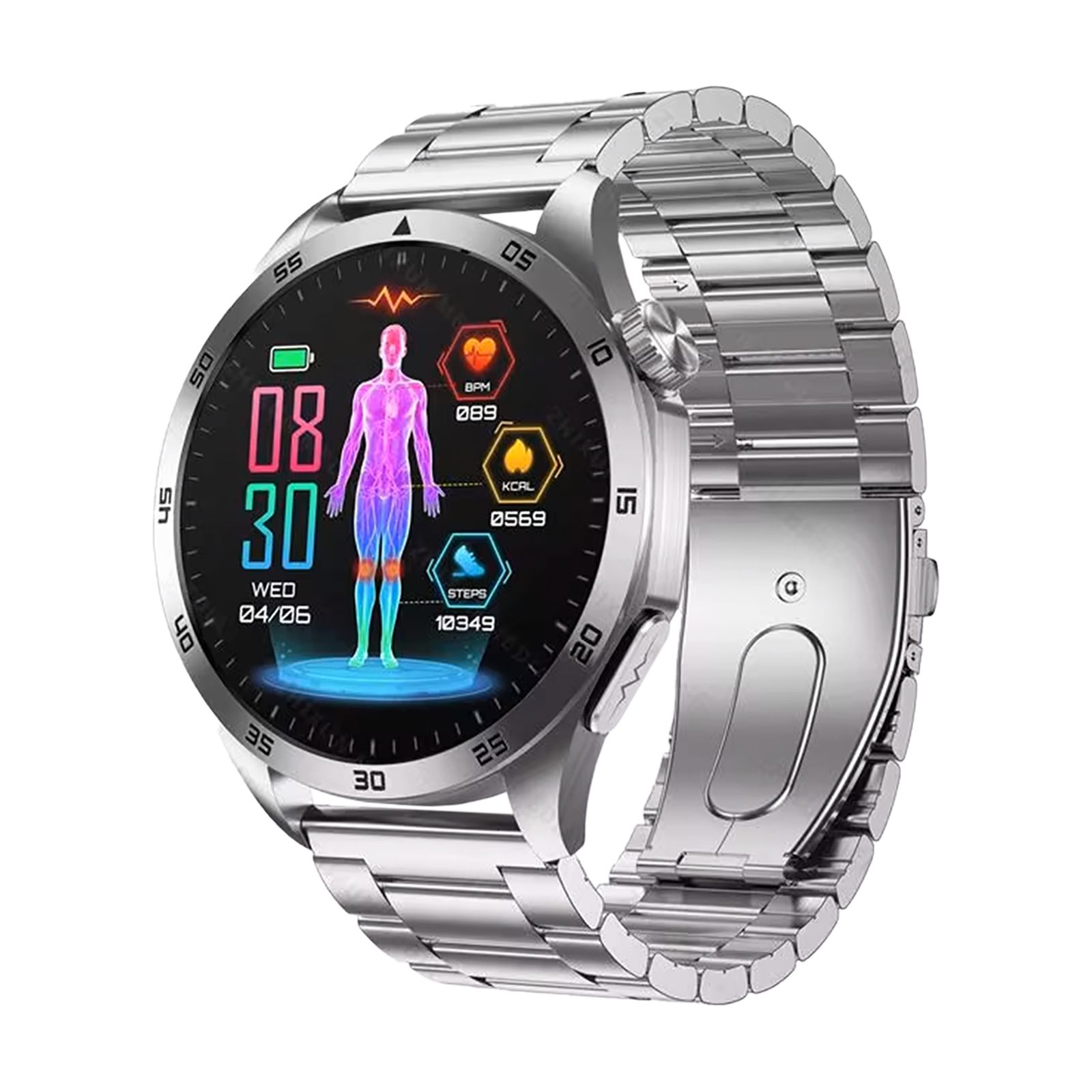 Silberne Smartwatch mit Metallarmband und Gesundheitsdaten-Display (EKG, Schritte, Kalorien).