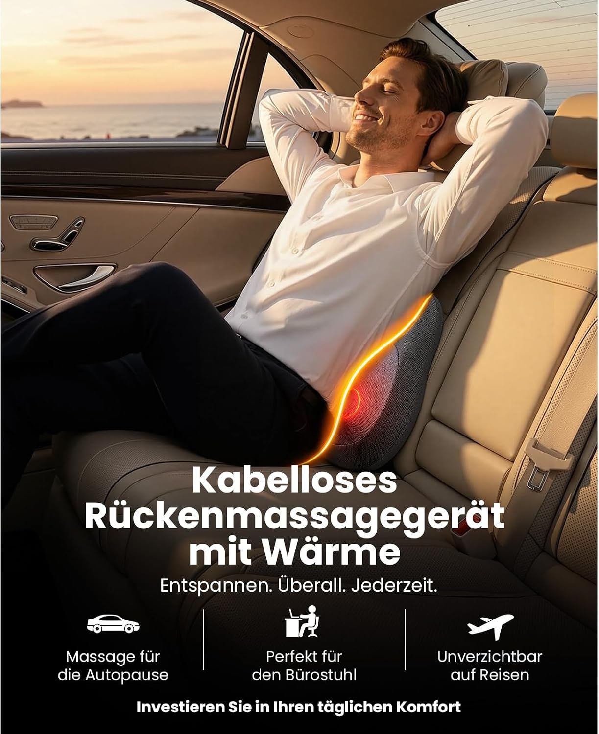 Mann im Auto entspannt mit Rückenmassagegerät; für Pausen, Büro, Reisen.