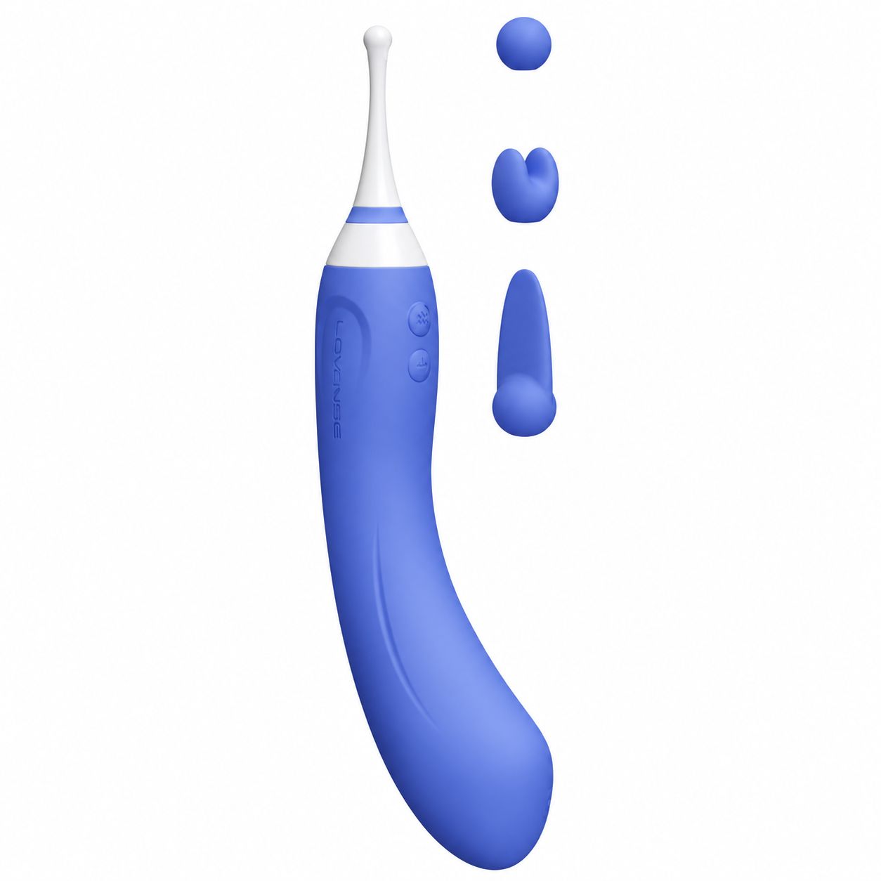 Lila Vibrator mit abnehmbaren Aufsätzen, isoliert auf weißem Hintergrund.