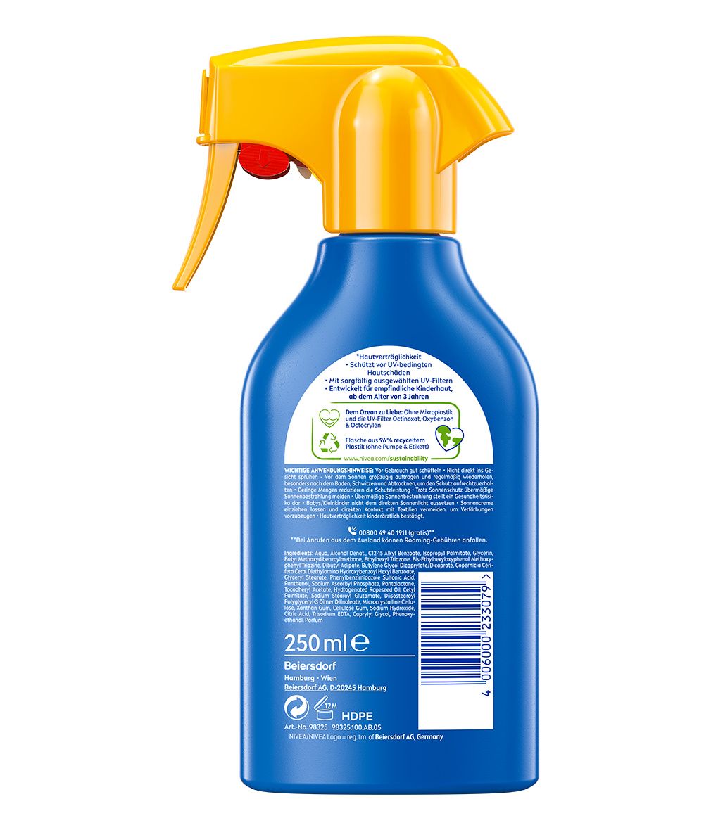 Rückseite NIVEA Sun Kids Sonnenspray LSF 50+: 250ml, HDPE-Flasche, Inhaltsstoffe und Recycling-Informationen.