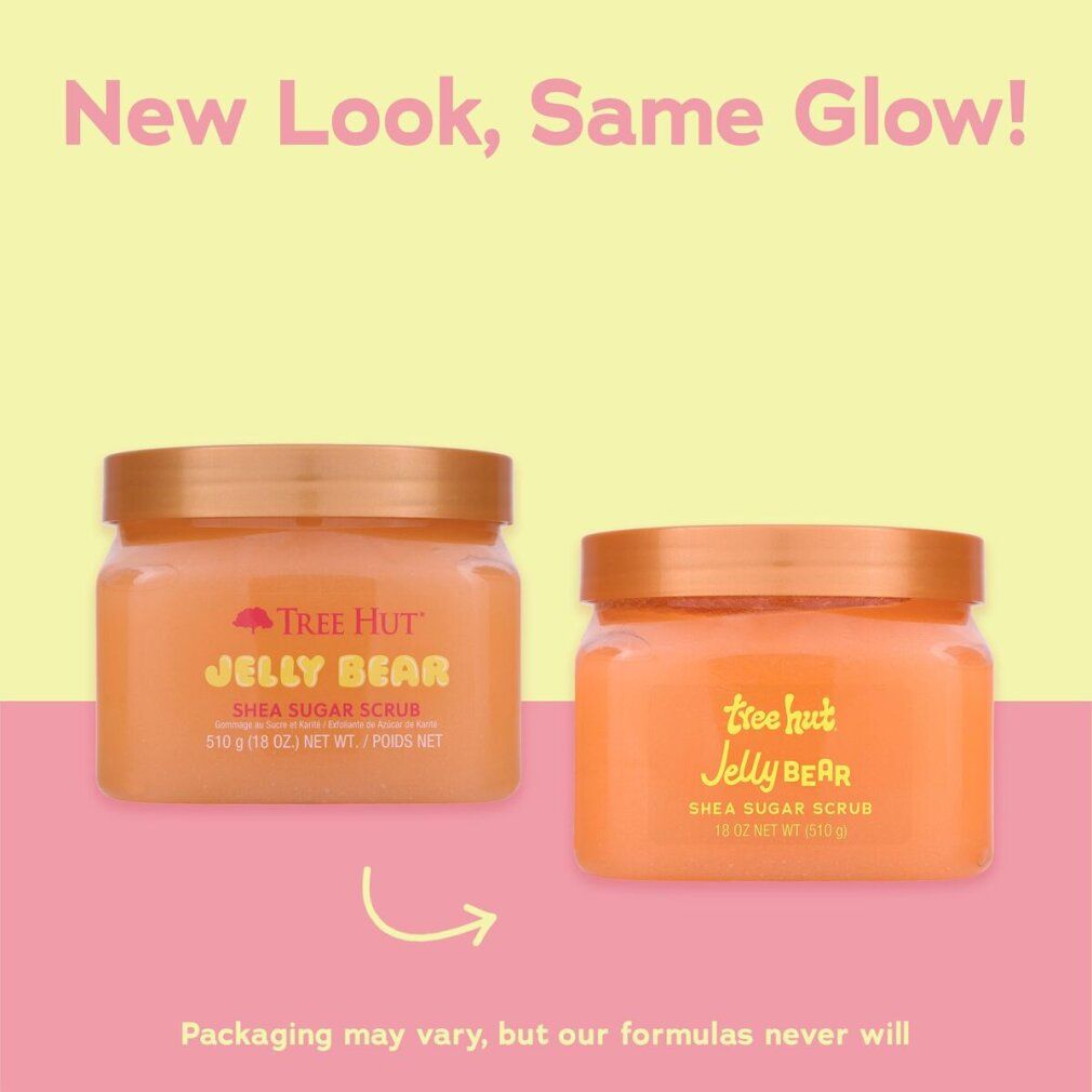 Zwei Gläser Tree Hut Jelly Bear Shea Zucker Peeling. Eines mit neuem Design, das andere mit älterem.
