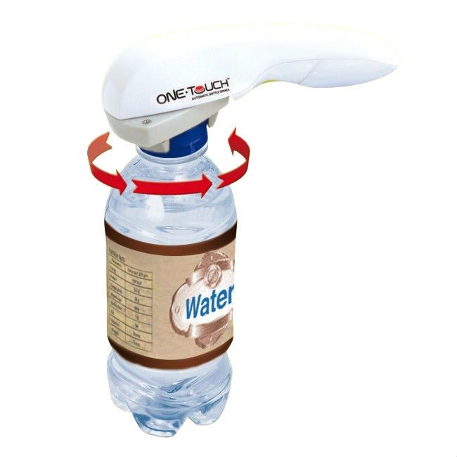 Automatischer Flaschenöffner, weiß, mit roter Pfeil-Grafik. Öffnet eine Wasserflasche.