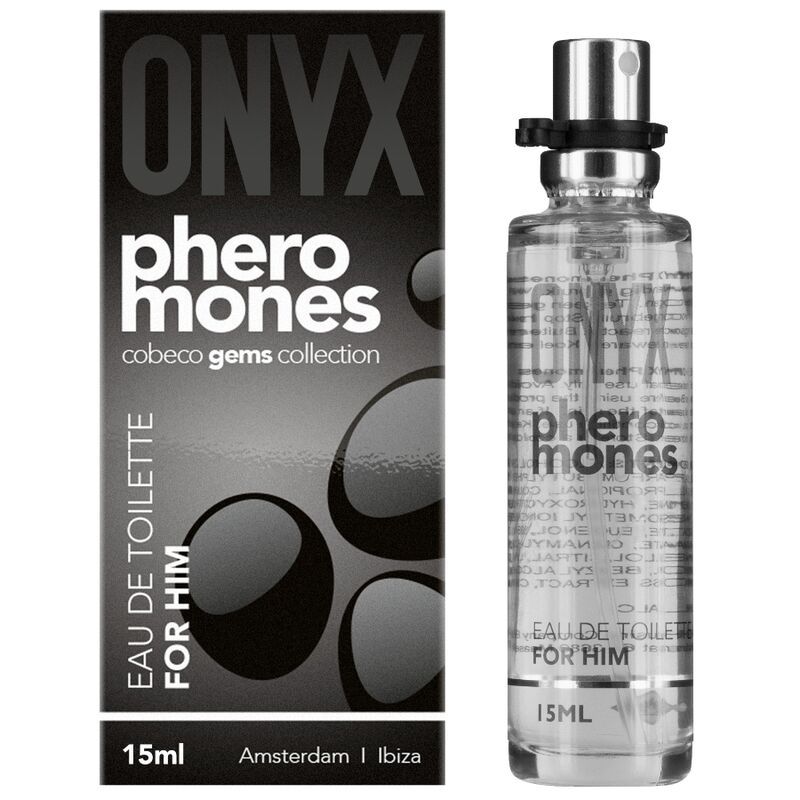 Flakon und Schachtel von Onyx Pheromones. Aufschrift: Eau de Toilette für Ihn. 15ml. Cobeco Gems Collection.