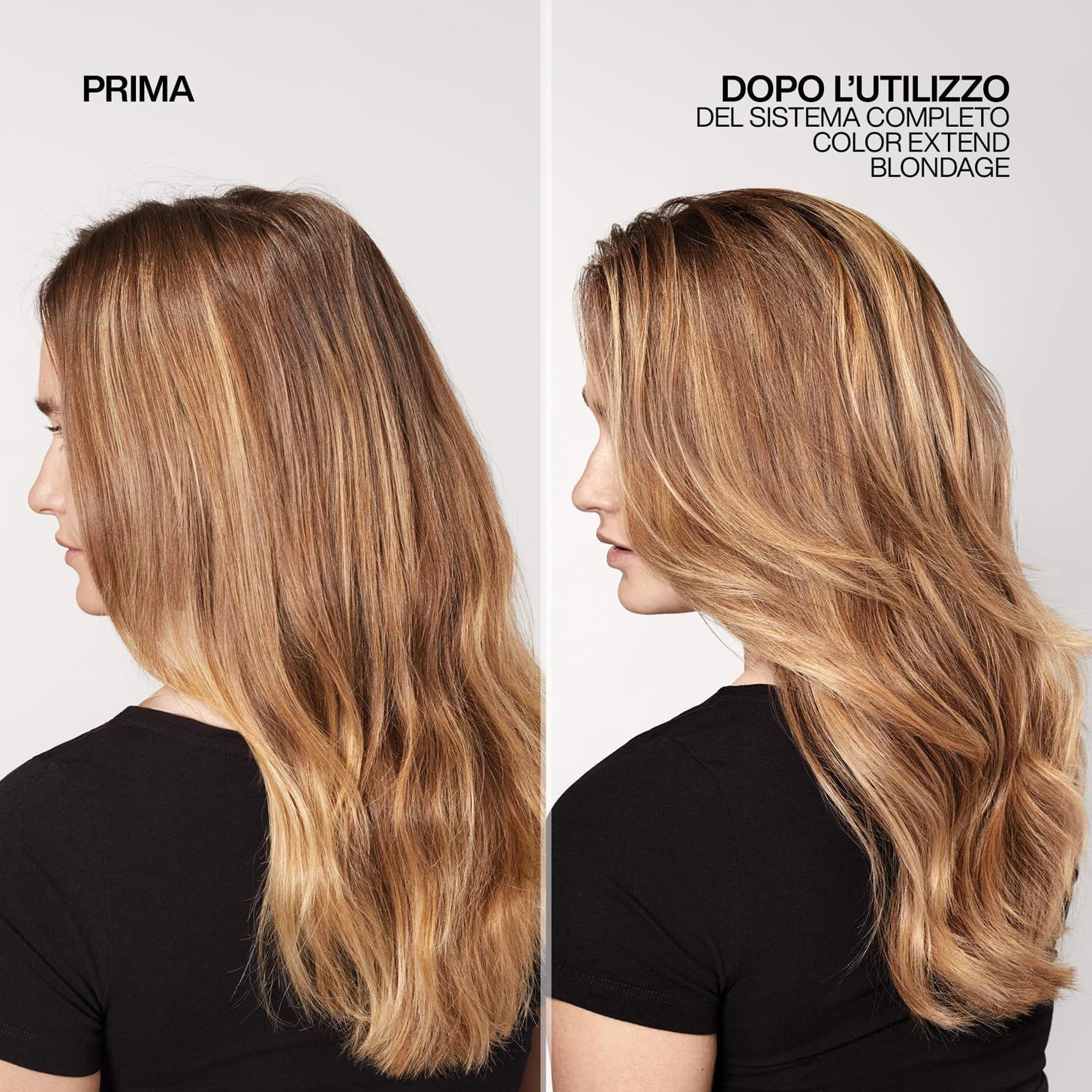 Vorher-Nachher-Vergleich von blondem Haar. Links: Vorher. Rechts: Nachher. Haare sind heller und glatter.