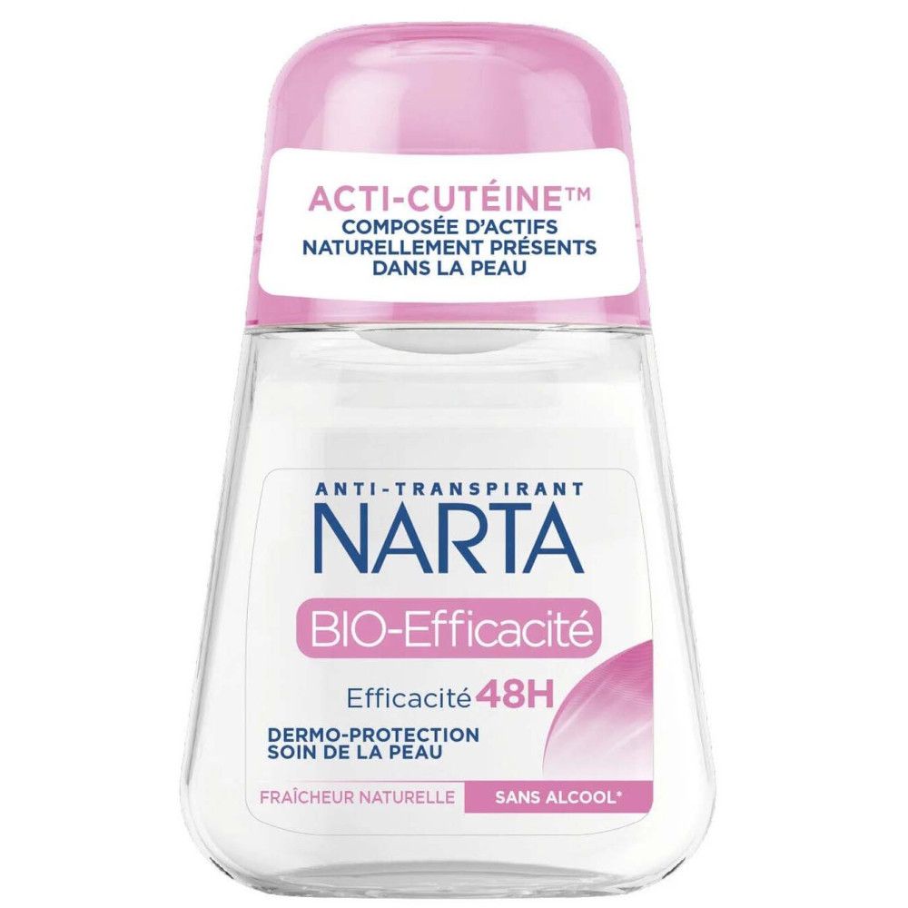 Antitranspirant-Roller. Transparentes Fläschchen mit rosa Kappe. Aufschrift: Narta, Bio-Effizienz, 48H.