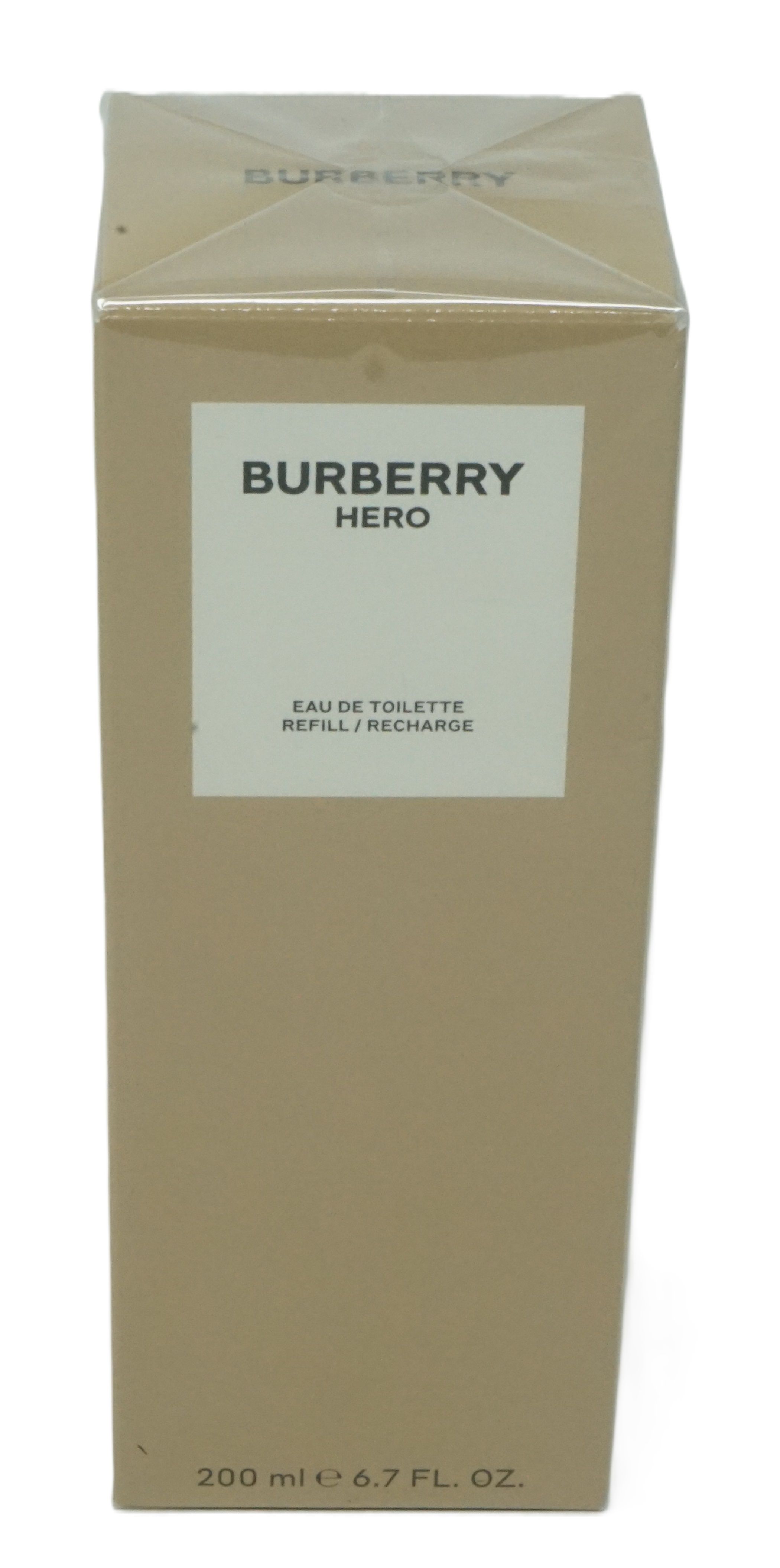 Beige rechteckige Verpackung. Aufschrift: BURBERRY HERO Eau de Toilette Nachfüllbar. 200 ml.