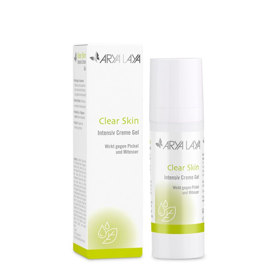 Arya Laya Clear Skin Intensiv Creme Gel in weißer Spenderflasche mit Faltschachtel. Klare Haut, Pickel und Mitesser.