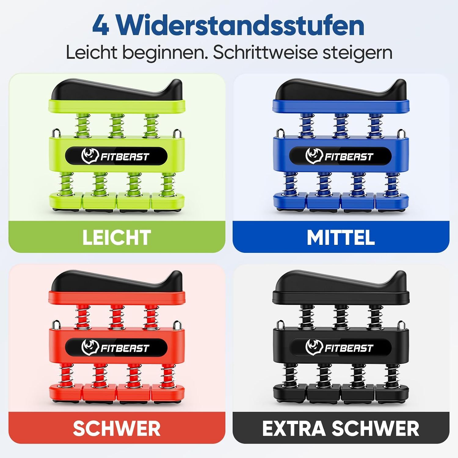Vier farbige Handtrainer-Federklemmen in verschiedenen Widerstandsstufen.