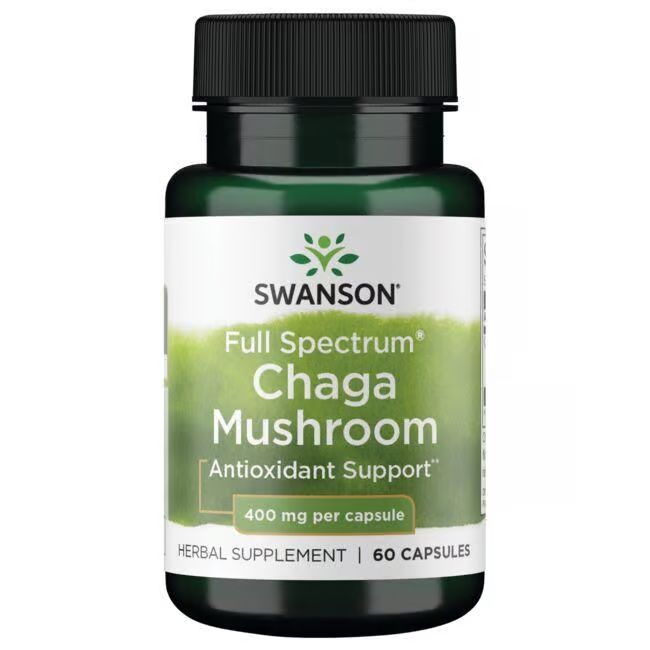Grüne Flasche mit weißem Etikett. Aufschrift: SWANSON, Chaga Mushroom, 400 mg pro Kapsel, 60 Kapseln.
