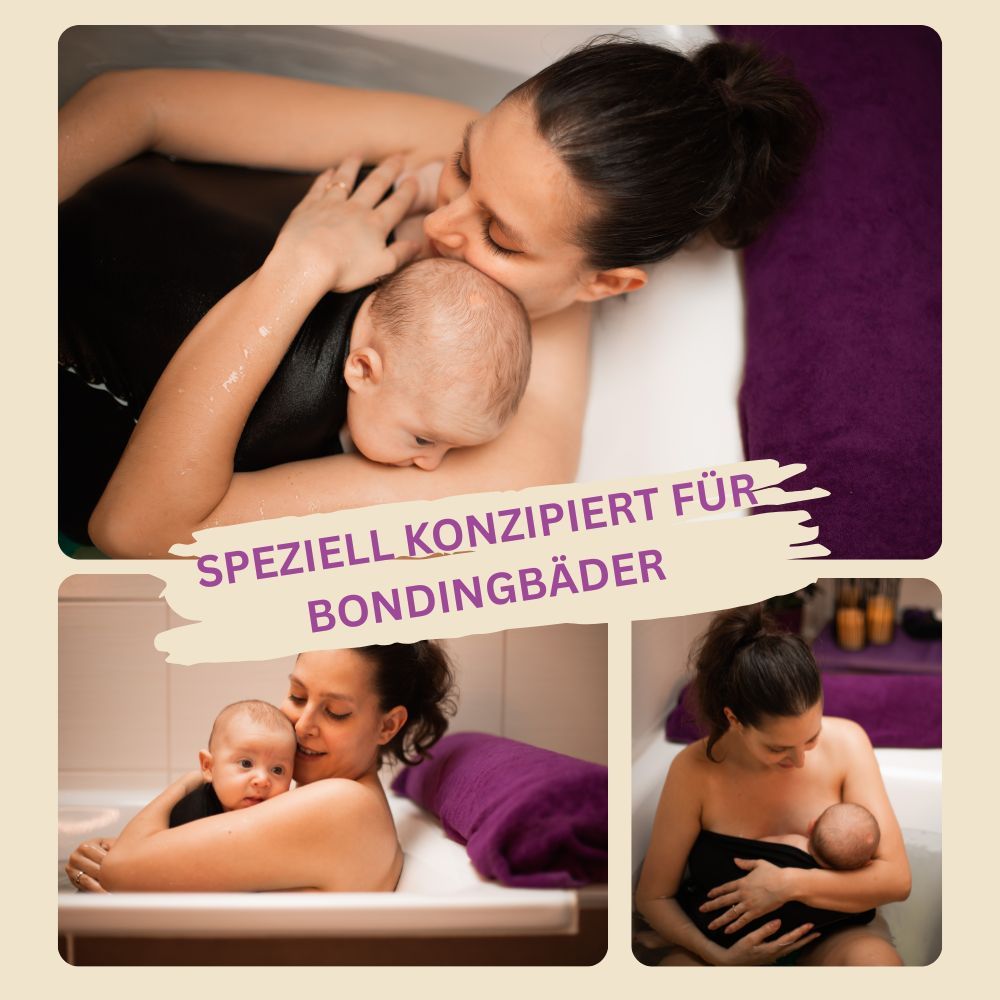 Mehrere Bilder zeigen eine Mutter mit Baby in der Badewanne, mit einem schwarzen Bonding Top.