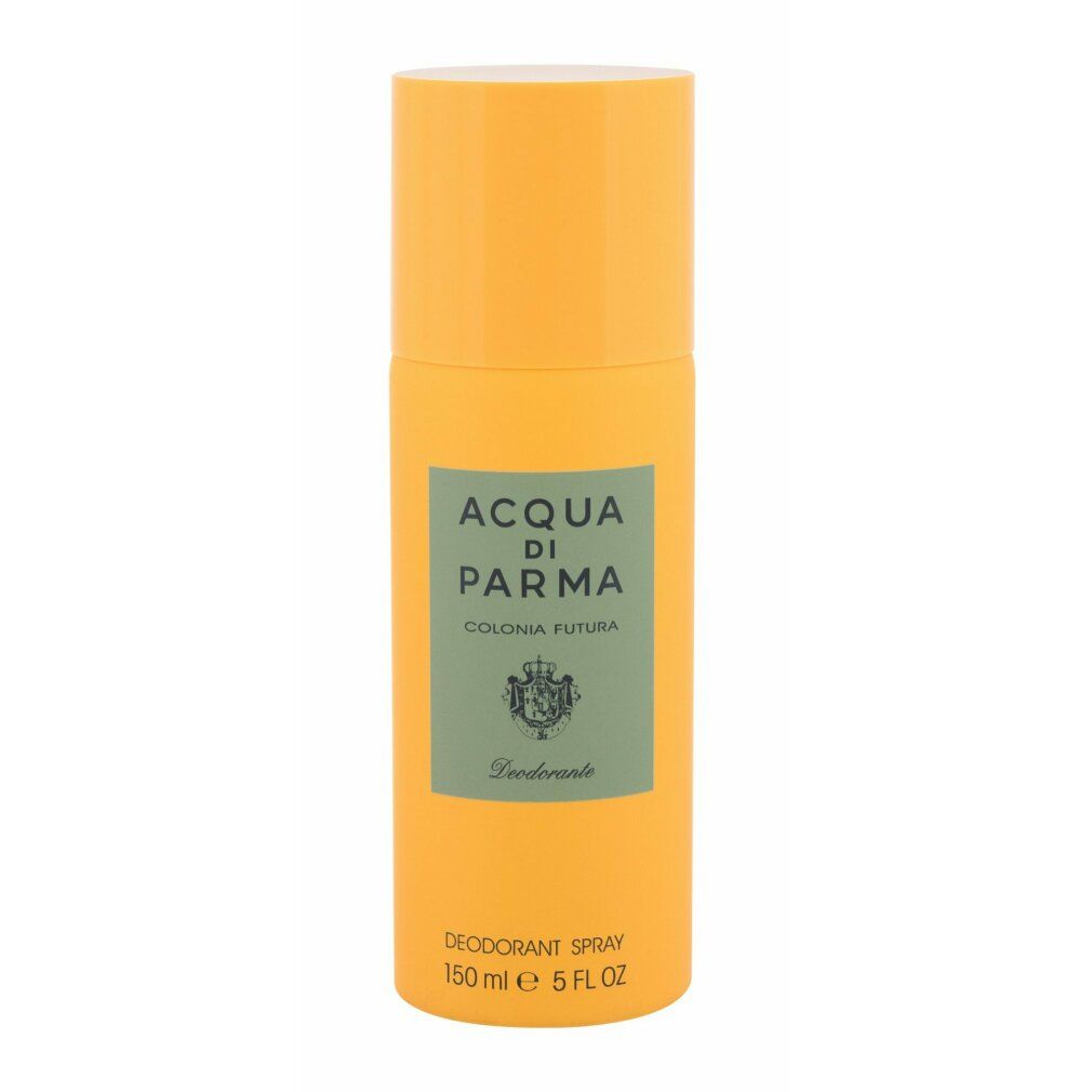 Gelbe Deo-Spray-Dose. Aufschrift: Acqua di Parma Colonia Futura. Text: Deodorante, 150 ml, 5 FL OZ.
