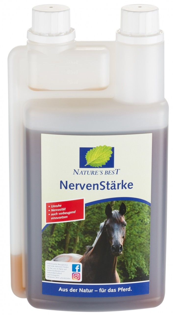Behälter mit NervenStärke-Etikett. Enthält Flüssigkeit. Logo: Nature's Best. Bild: Pferd im Wald.
