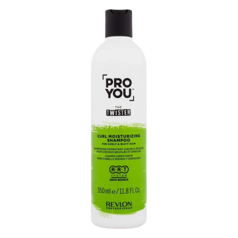 Weiße Shampoo-Flasche mit schwarzem Deckel. Aufschrift: Pro You The Twister. Grün-weißer Aufkleber mit Text und Logo.