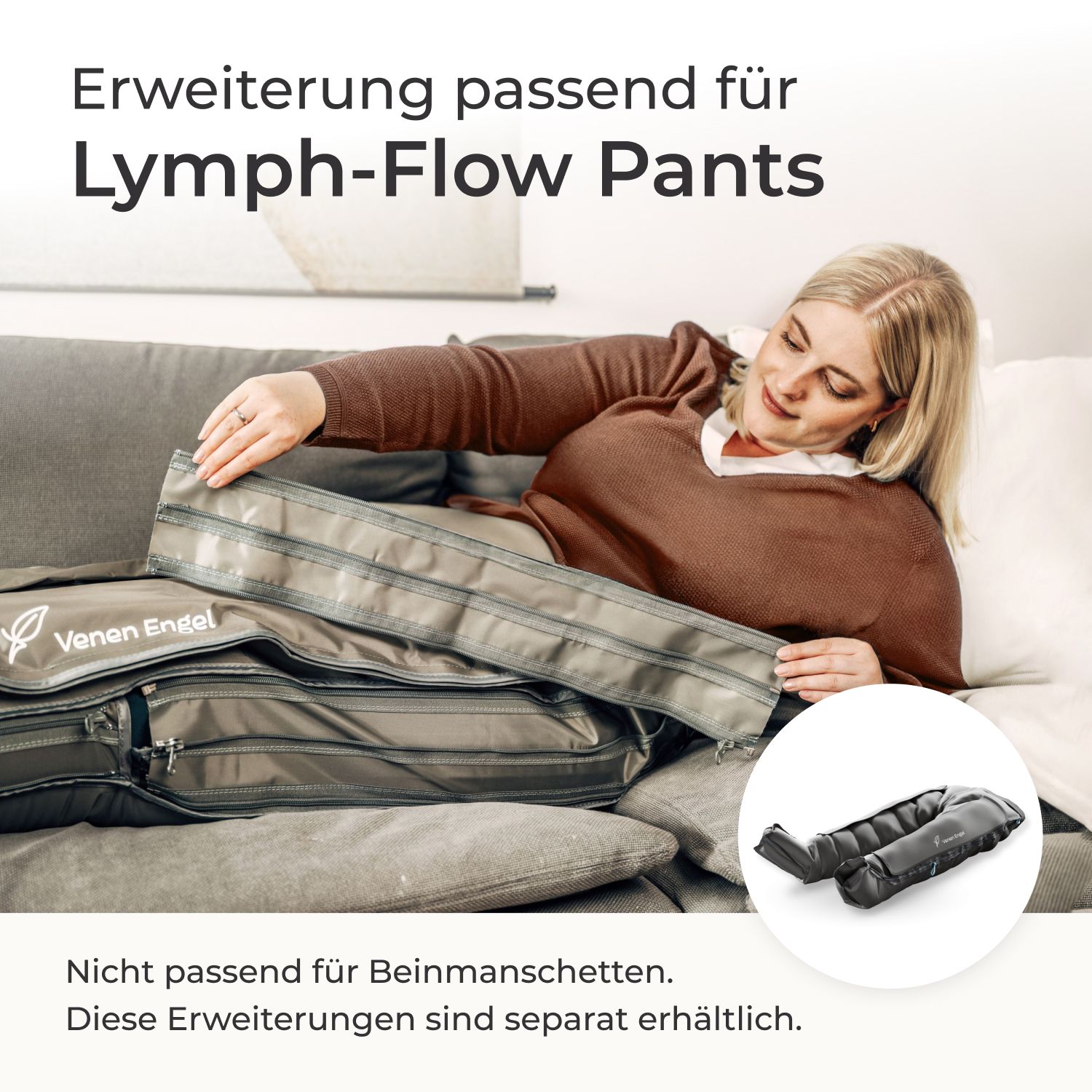 Frau legt eine Erweiterung an Lymph-Flow Pants an. Text: 'Erweiterung passend für Lymph-Flow Pants'.