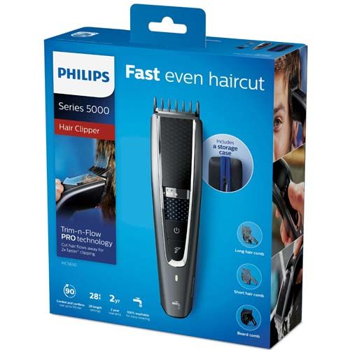 Philips Haarschneider Series 5000 in Verpackung. Enthält Aufbewahrungstasche und Zubehör. Schwarzes Gerät mit silbernen Akzenten.